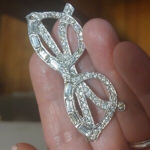Cateye Glasses Brooch Pin Clear Crystal Baguette Silvertone
